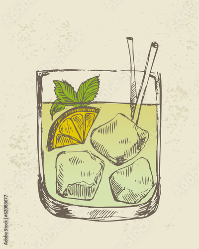 Hand drawn illustration of iced tropical cocktail.