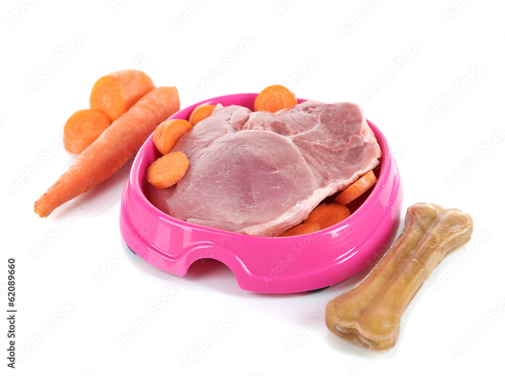 Natural food for pets in plastic bowl isolated on white Natural food for pets in plastic bowl isolated on white