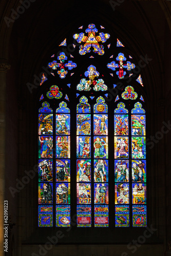 Stained glass in the St. Vitus Cathedral in Prague.