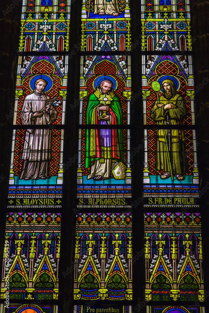 Stained glass in the St. Vitus Cathedral in Prague.