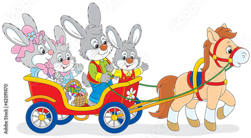 Easter bunnies riding a pony