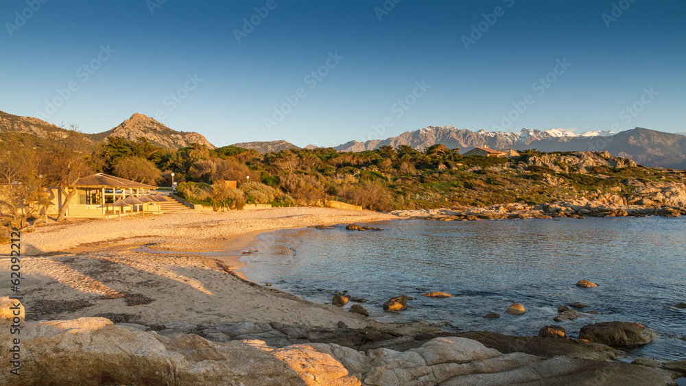 Sun setting on the beach at Arinella Plage in Corsica