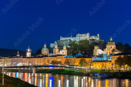 Night view of Salzburg old town, Austria