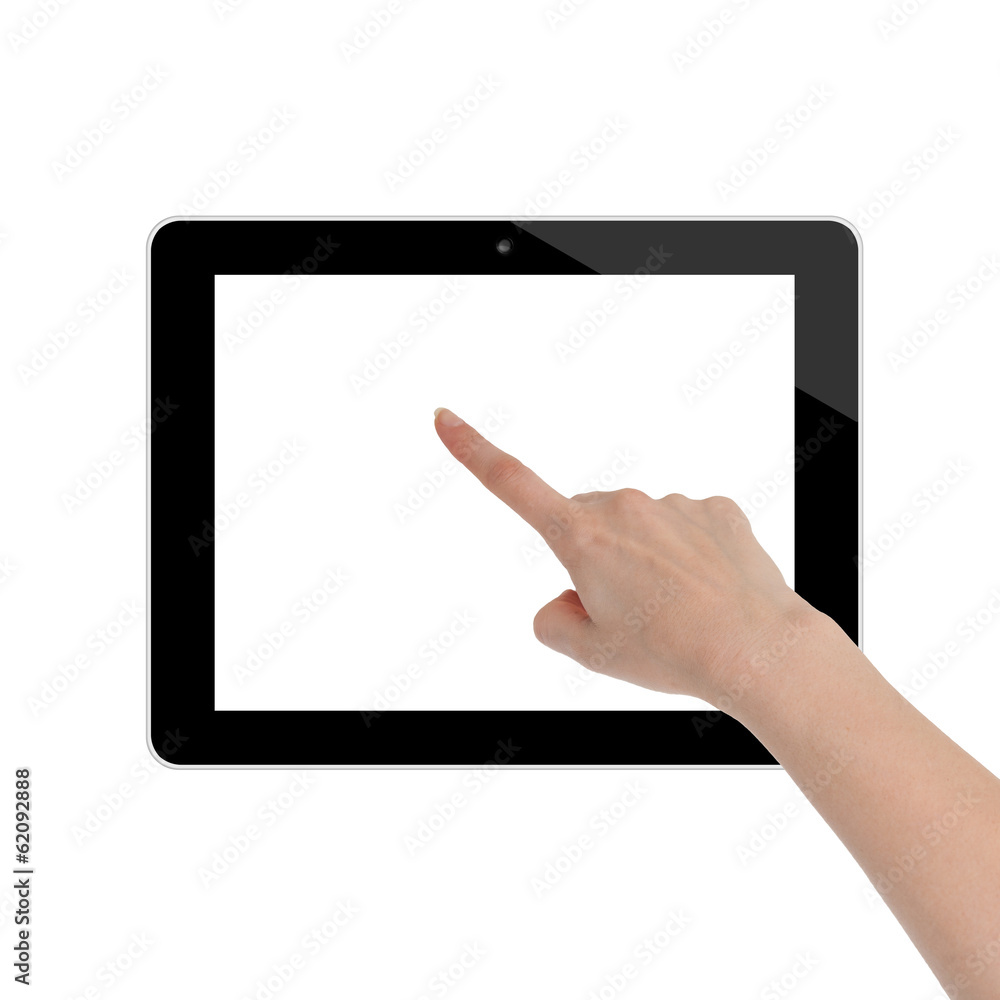 Female hand showing content on tablet screen Female hand showing content on tablet screen