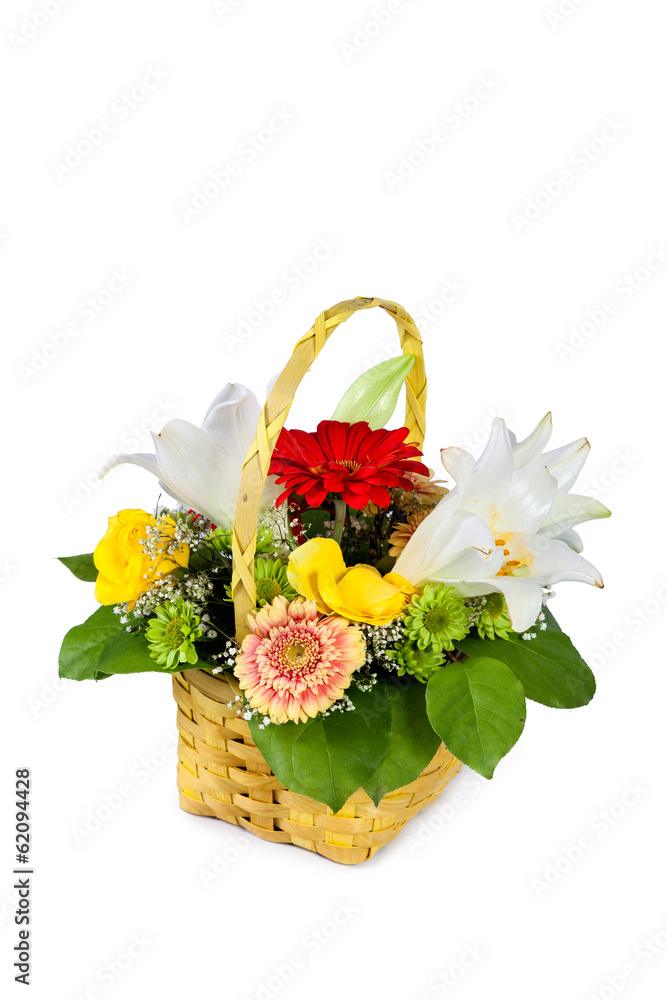 Beautiful bouquet of bright flowers in basket