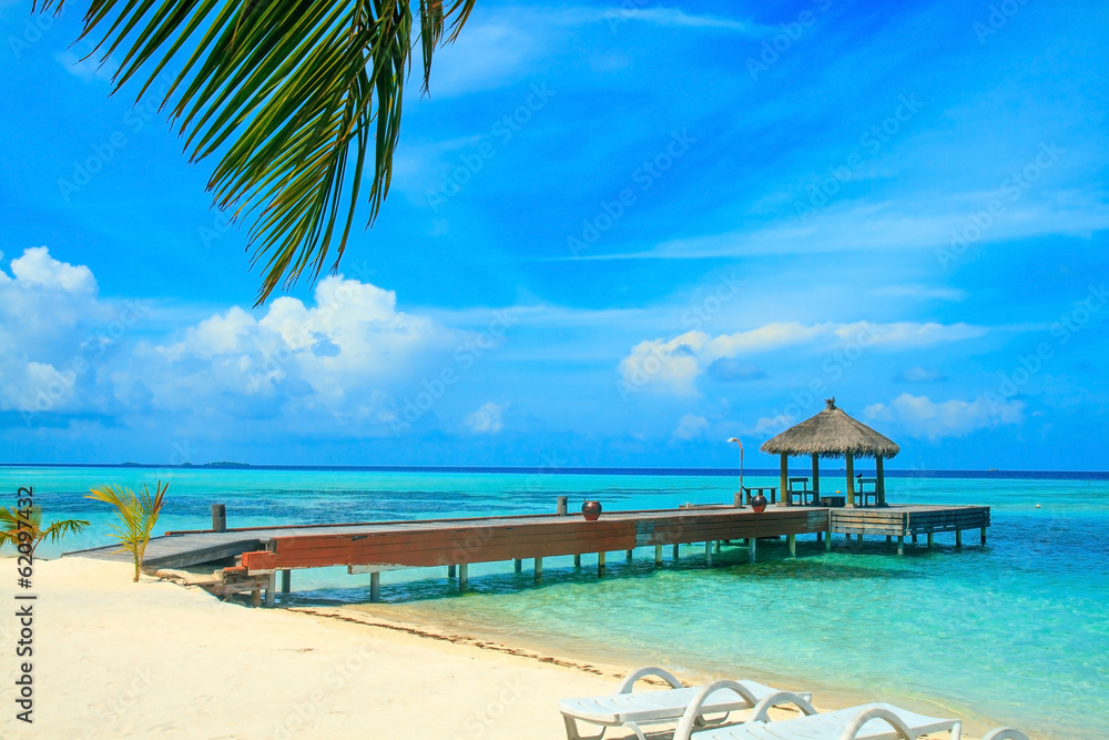 Wooden wharf with pavilion for ships at Maldives