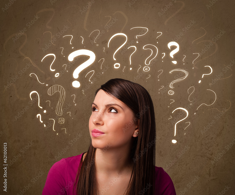 girl with question mark symbols around her head girl with question mark symbols around her head