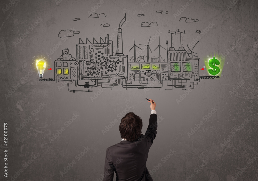 Business man looking at factory that makes money from ideas Business man looking at factory that makes money from ideas