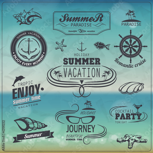 Set of Vintage summer typography design with labels, icons eleme