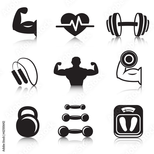 Fitness bodybuilding sport icons set