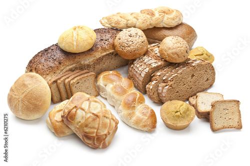 Composition with bread and rolls isolated on white