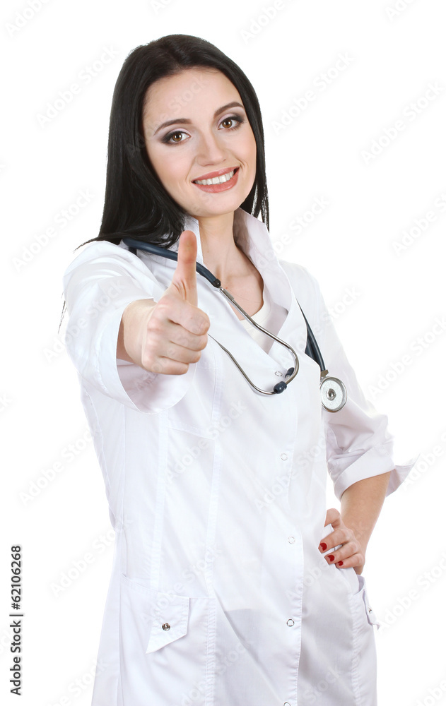 young beautiful doctor with stethoscope isolated on white. young beautiful doctor with stethoscope isolated on white.