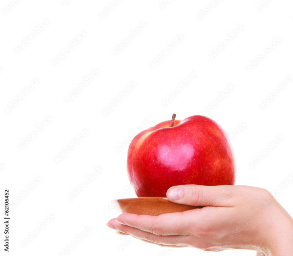 Female hands holding red apple healthy fruit isolated Female hands holding red apple healthy fruit isolated