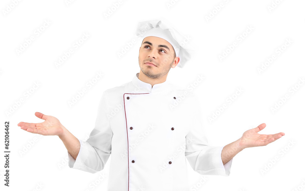 Professional chef in white uniform and hat, isolated on white Professional chef in white uniform and hat, isolated on white