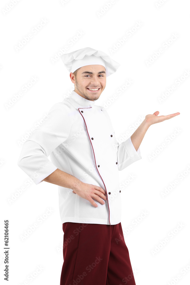 Professional chef in white uniform and hat, isolated on white Professional chef in white uniform and hat, isolated on white