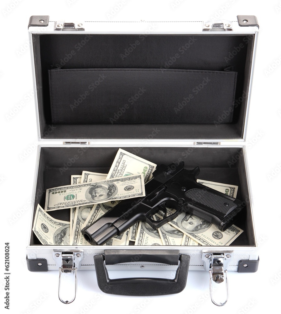 Case with money and gun, isolated on white Case with money and gun, isolated on white