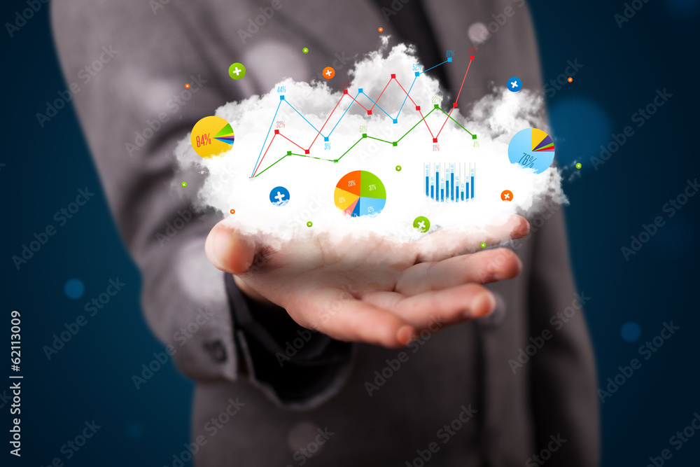 Young businessman presenting cloud with charts and graph icons a Young businessman presenting cloud with charts and graph icons a