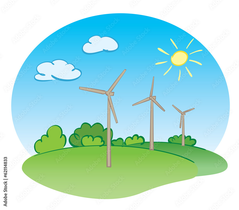 wind power turbines and nature - vector illustration