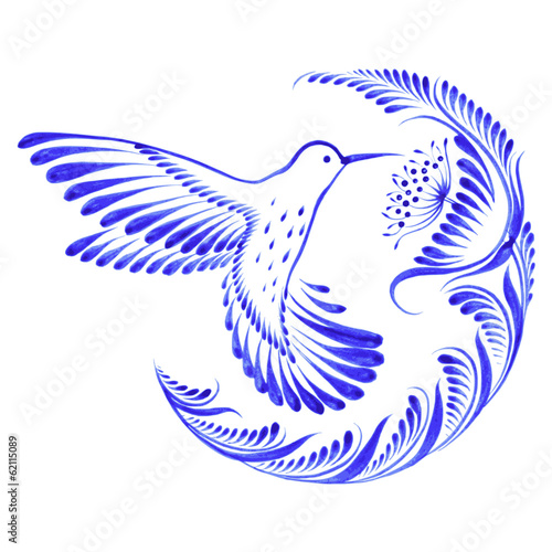 floral decorative ornament hummingbird in flight