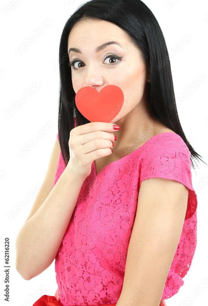 Attractive young woman with heart isolated on white Attractive young woman with heart isolated on white