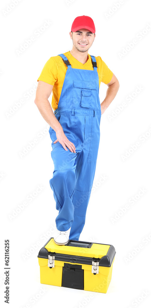 Male worker with toolbox isolated on white Male worker with toolbox isolated on white