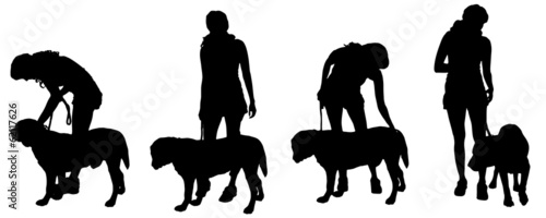 Vector silhouette of a woman with a dog.