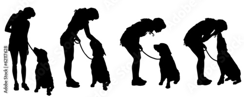 Vector silhouette of a woman with a dog.