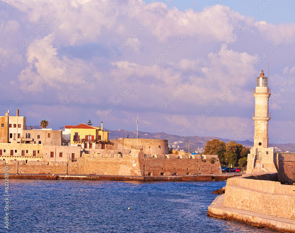Old harbor with lighthouse of Chania in Crete, Greece.