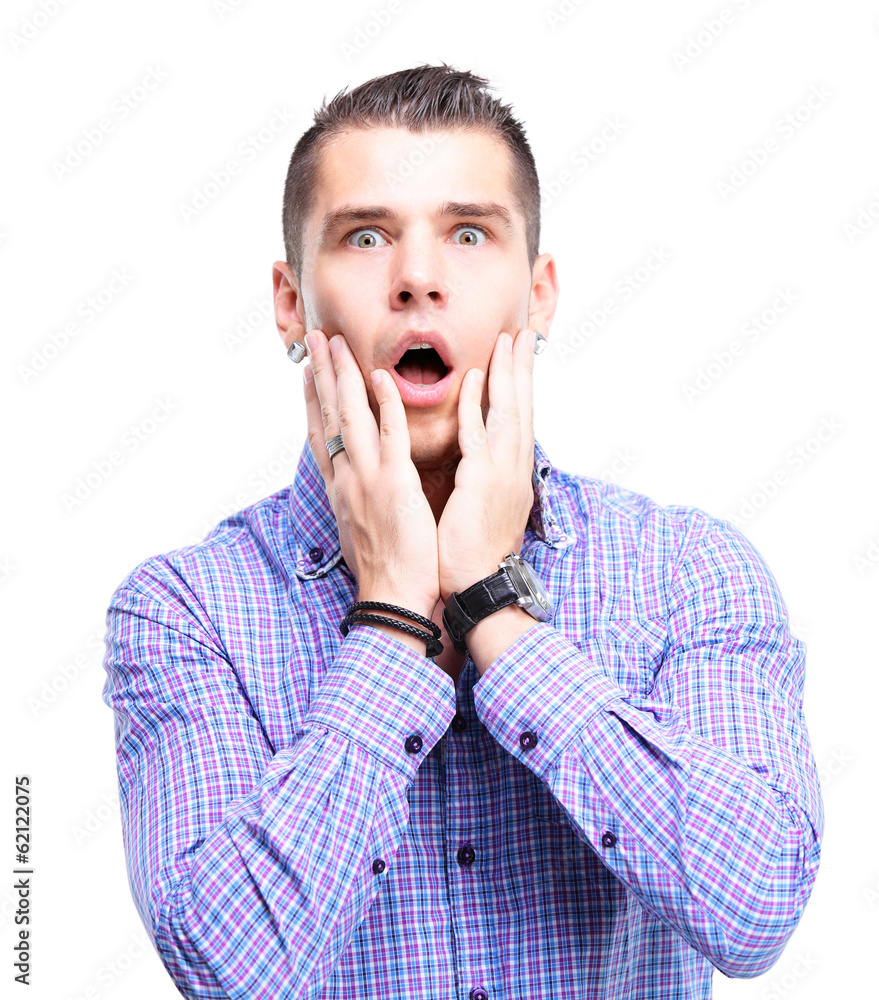 Portrait of young man with shocked facial expression Portrait of young man with shocked facial expression