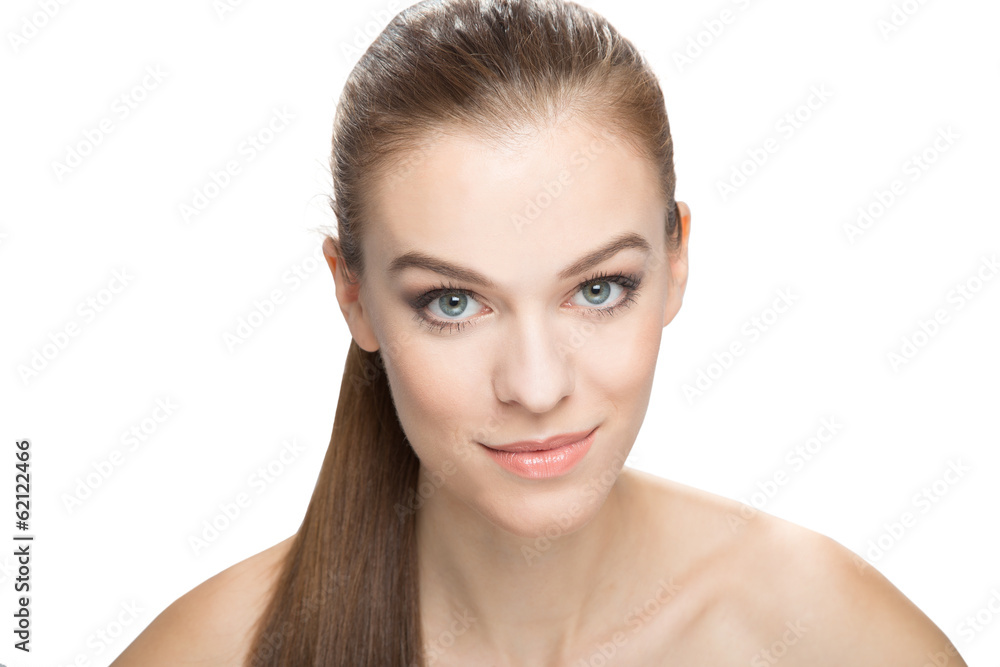 Portrait of a smiling woman with clean skin, isolated on white Portrait of a smiling woman with clean skin, isolated on white