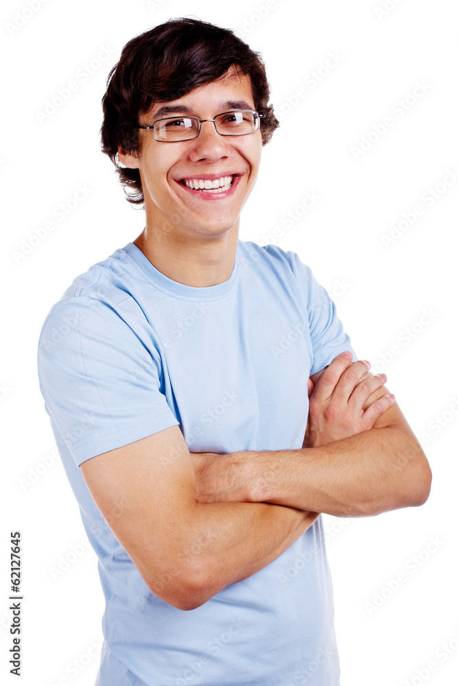 Smiling guy in glasses with crossed hands over white Smiling guy in glasses with crossed hands over white