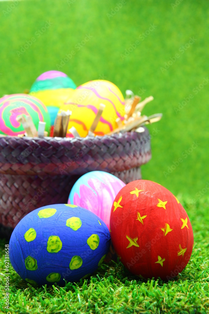 Easter eggs on grass background