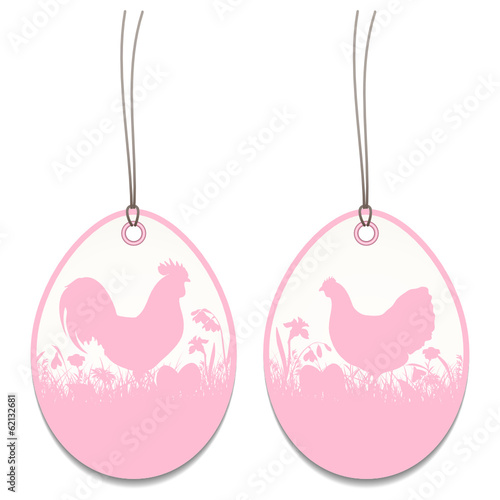 2 Hangtags Easter Rooster Chicken Meadow Rose