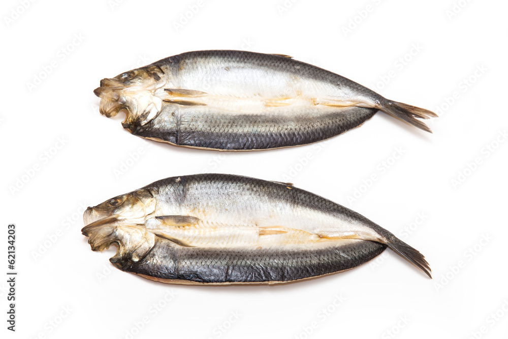 Kippers isolated on a white studio background.