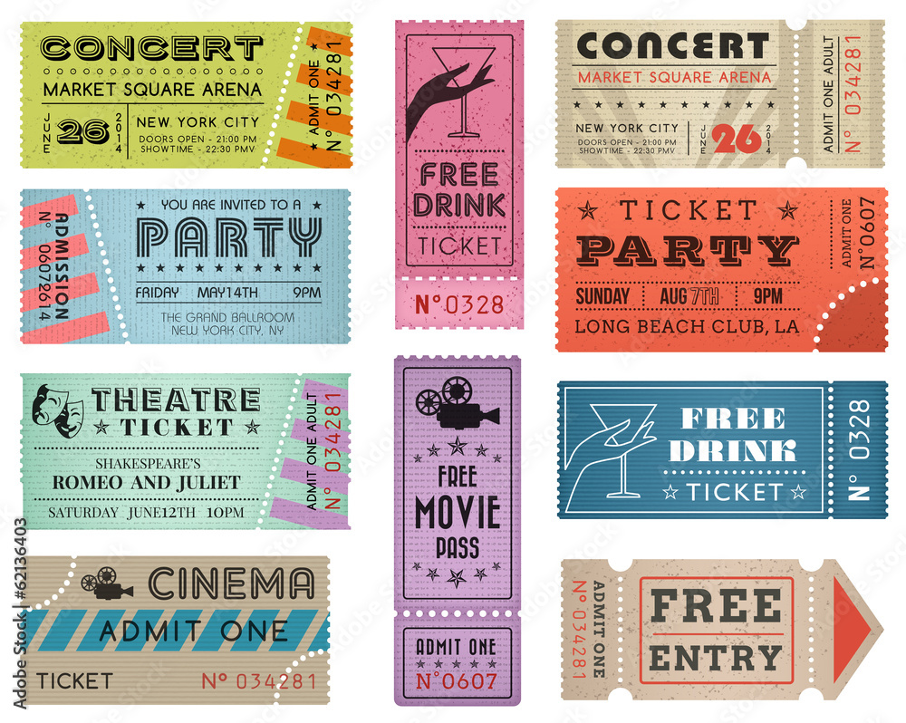 Grunge Vector Tickets Collection 3 - obrazy, fototapety, plakaty 
