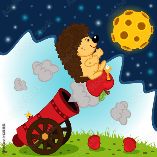 hedgehog cannonball flies into space - vector illustration