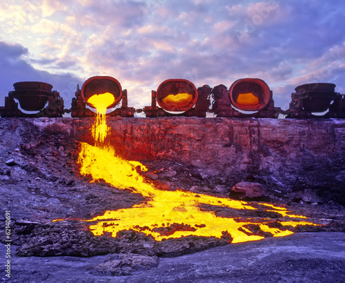 Fotografie Discharge of Hot Slag. Blast-Furnace Production - Metallurgy.