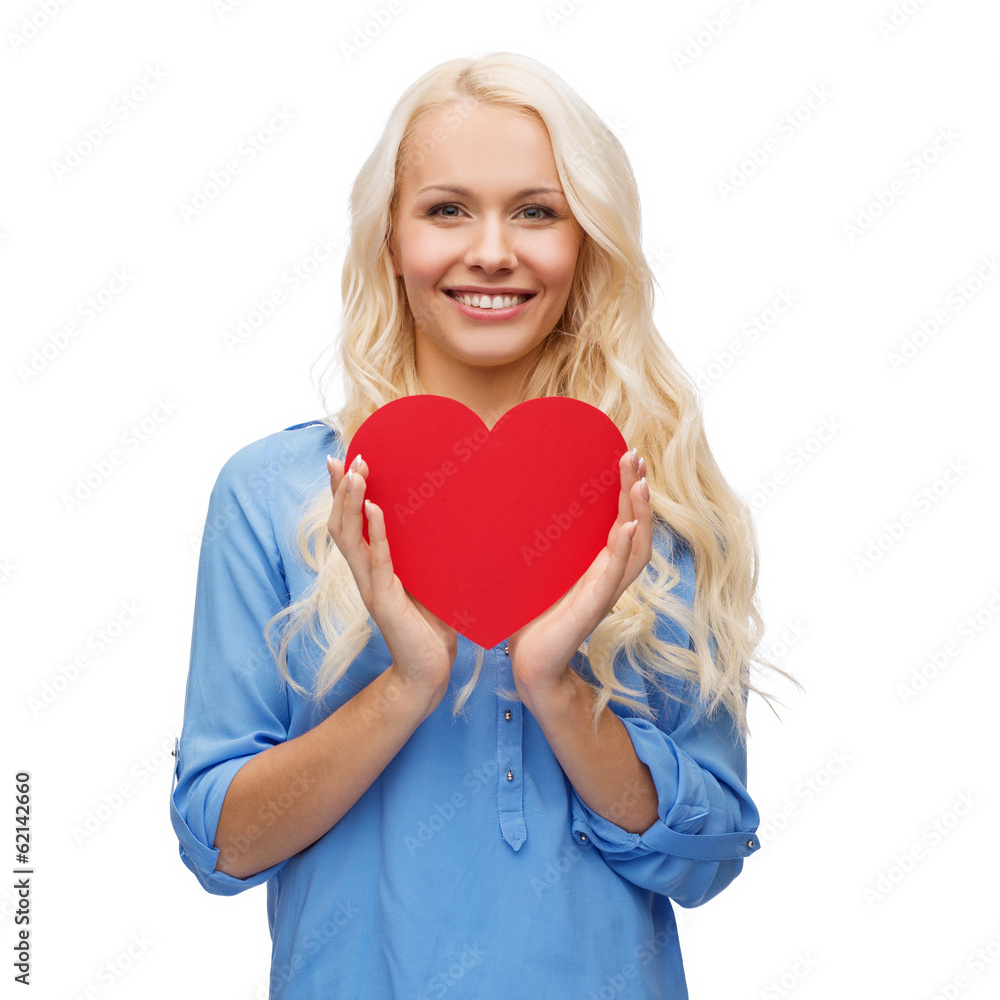smiling woman with red heart smiling woman with red heart