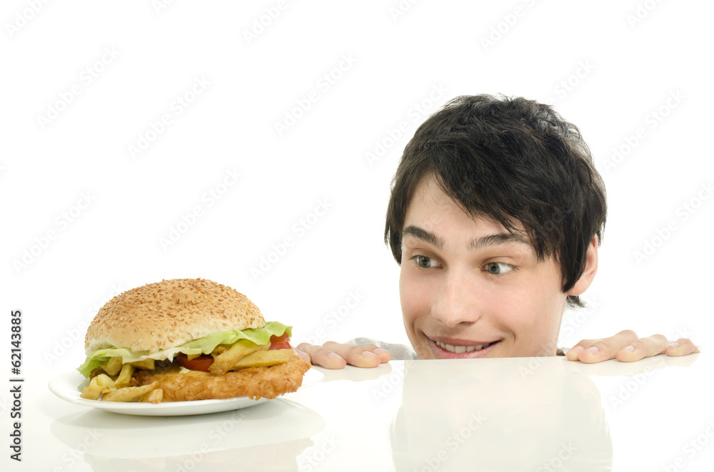 Man wanting for a big hamburger, fast food, take out for him Man wanting for a big hamburger, fast food, take out for him