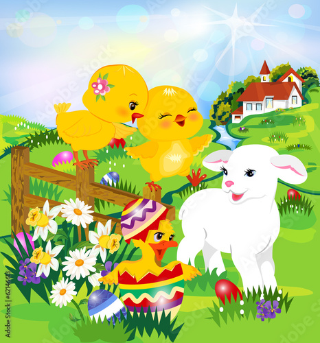 Fototapeta Naklejka Na Ścianę i Meble -  Easter egg hunt   Two cute chicks, a lamb and a duck,