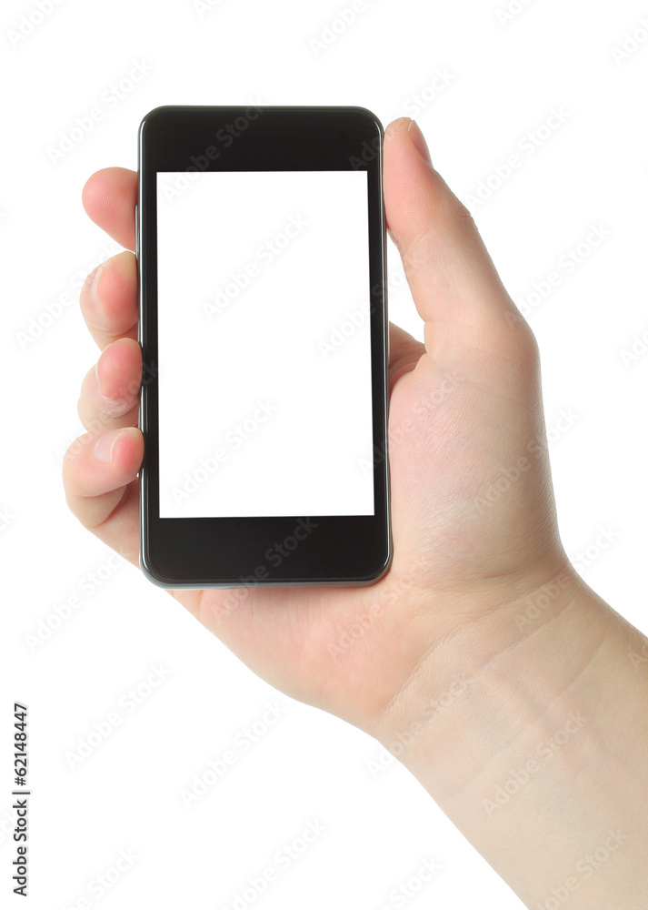 Man hand holding smart phone isolated on white background