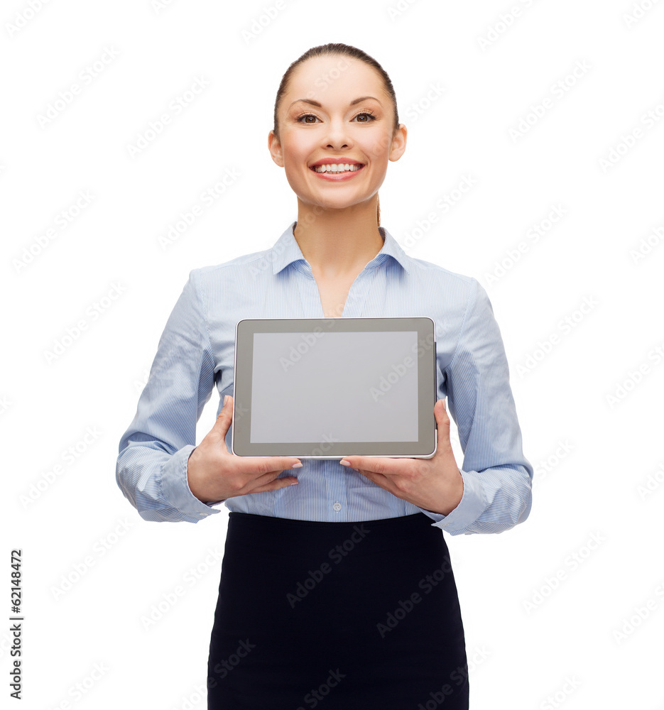 businesswoman with blank black tablet pc screen businesswoman with blank black tablet pc screen