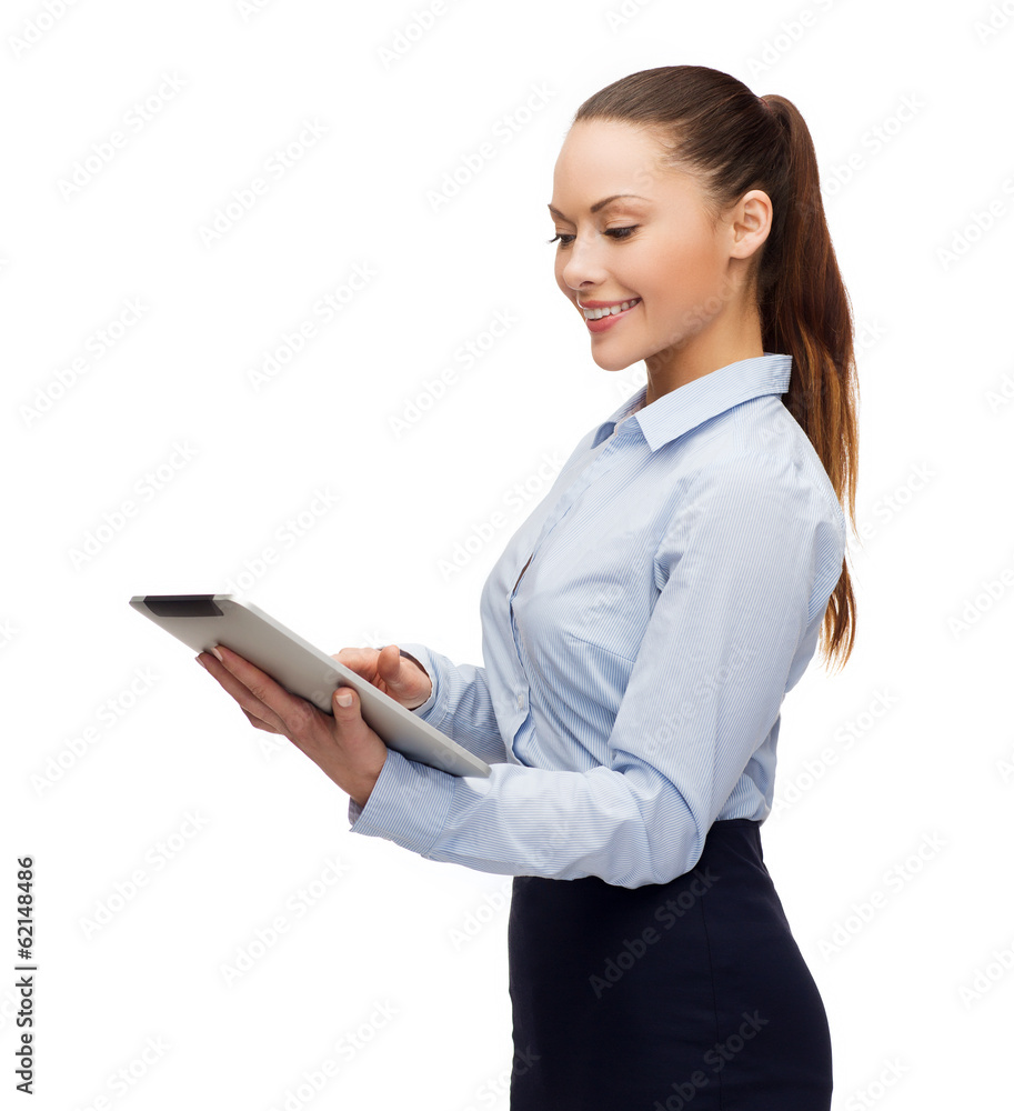 smiling woman looking at tablet pc computer smiling woman looking at tablet pc computer