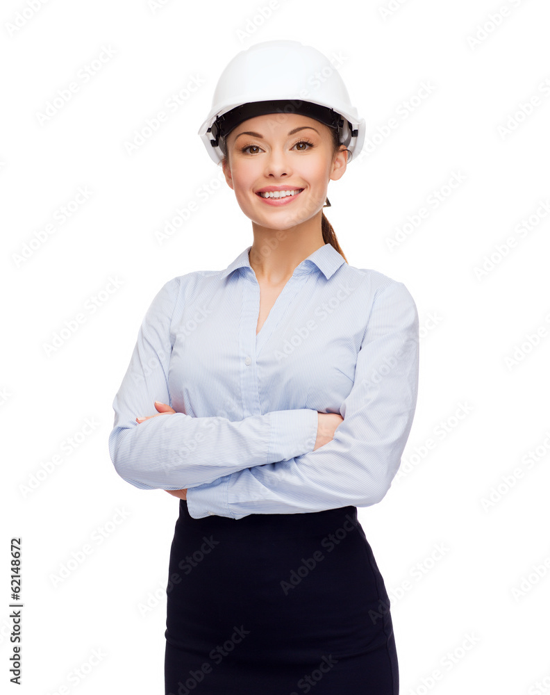 friendly smiling businesswoman in white helmet friendly smiling businesswoman in white helmet
