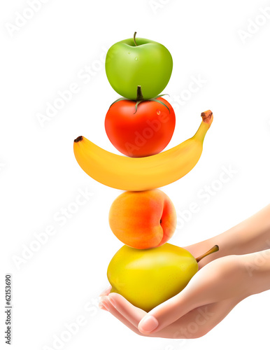 Hands holding group of fresh fruit. Dieting concept. Vector.