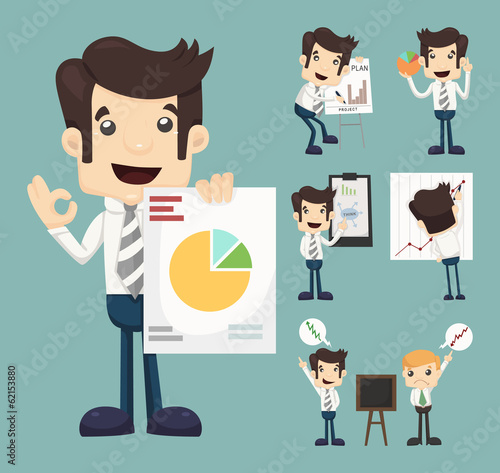 Set of businessman characters presentation graph