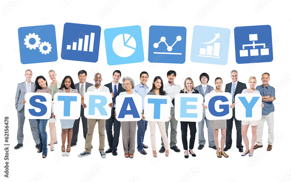 Business People with Infographic and Holding Word Strategy Business People with Infographic and Holding Word Strategy