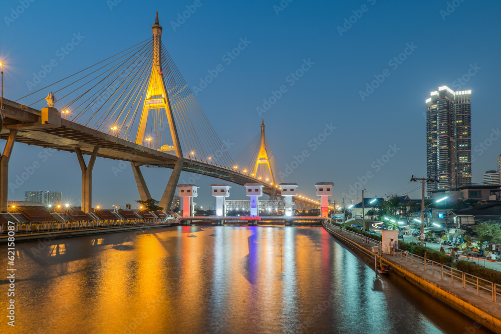 Industrial ring road and floodgate at night , Bangkok, Thailand