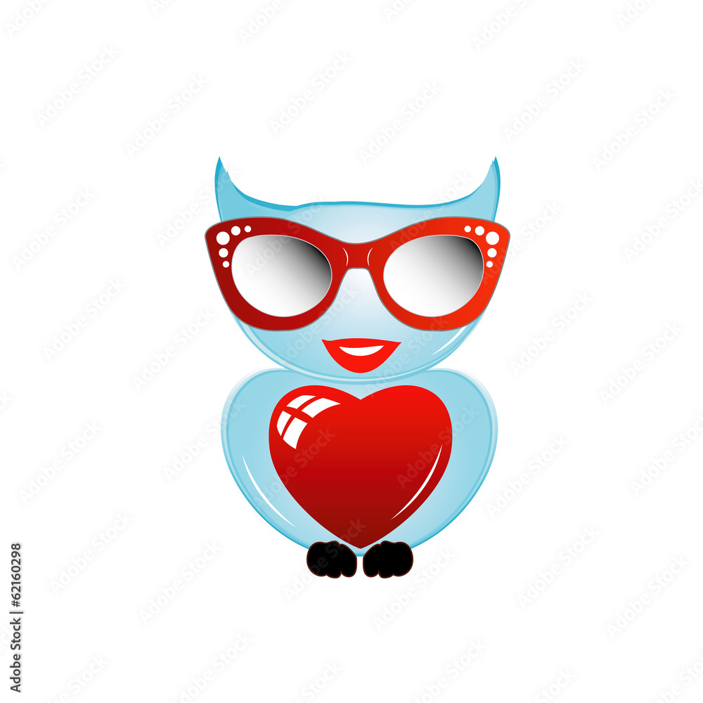 Pretty owl with a red heart and sunglasses