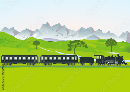 Dampfeisenbahn vor Bergwiese